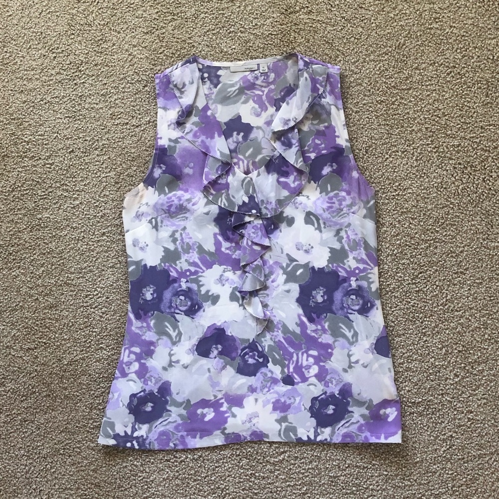 Halogen 100% Silk Purple Floral Ruffle Shell Blouse - XS